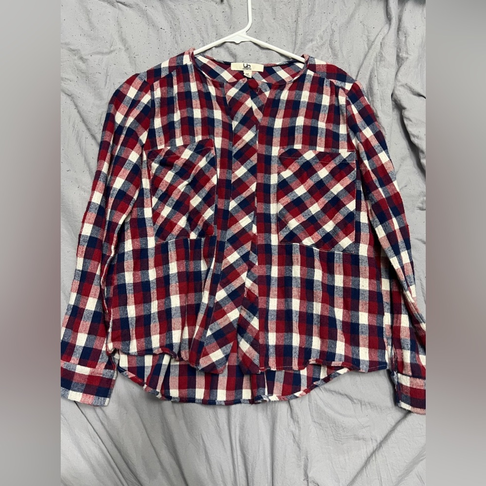 Red white and blue plaid button up shirt